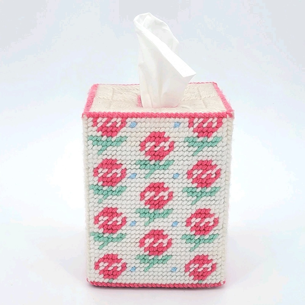 Vintage Handmade Needlepoint Tissue Box Cover, Grannycore Pink Rose Floral